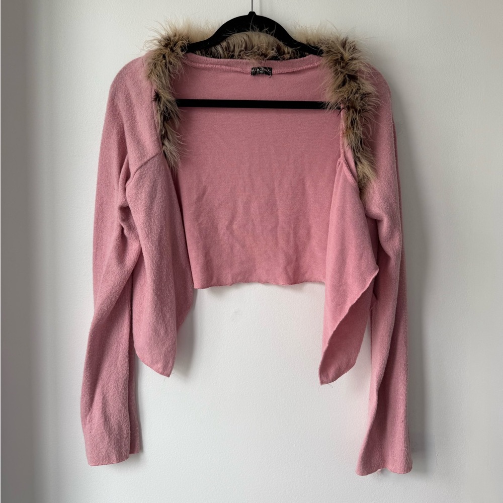 Y2K Pink Cropped Cardigan with Faux Fur Trim | Size XL